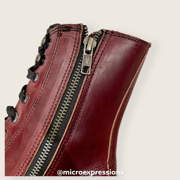 $528 Frye Sabrina Moto Oxblood Burgundy Red Lace Up Leather Combat Ankle Boot - Picture 13 of 16